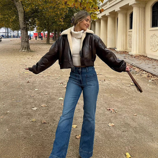Damen cropped Kunstlederjacke mit Innenfutter aus Plüsch R&B