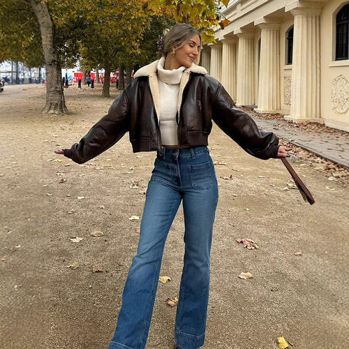 Damen cropped Kunstlederjacke mit Innenfutter aus Plüsch R&B