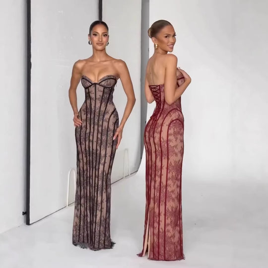 Damen figurbetontes Spitzenkleid mit schulterfreiem Design und elegantem Taillenschnitt R&B