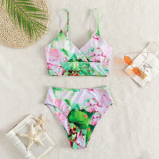 Damen Bikini-Set mit gekreuztem Oberteil und floralen Details R&B