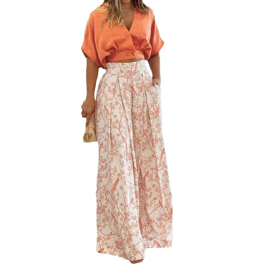 Damen luftiges Cropped-Oberteil mit elegantem Rundhalsausschnitt und dazu passender, weiten Hose R&B