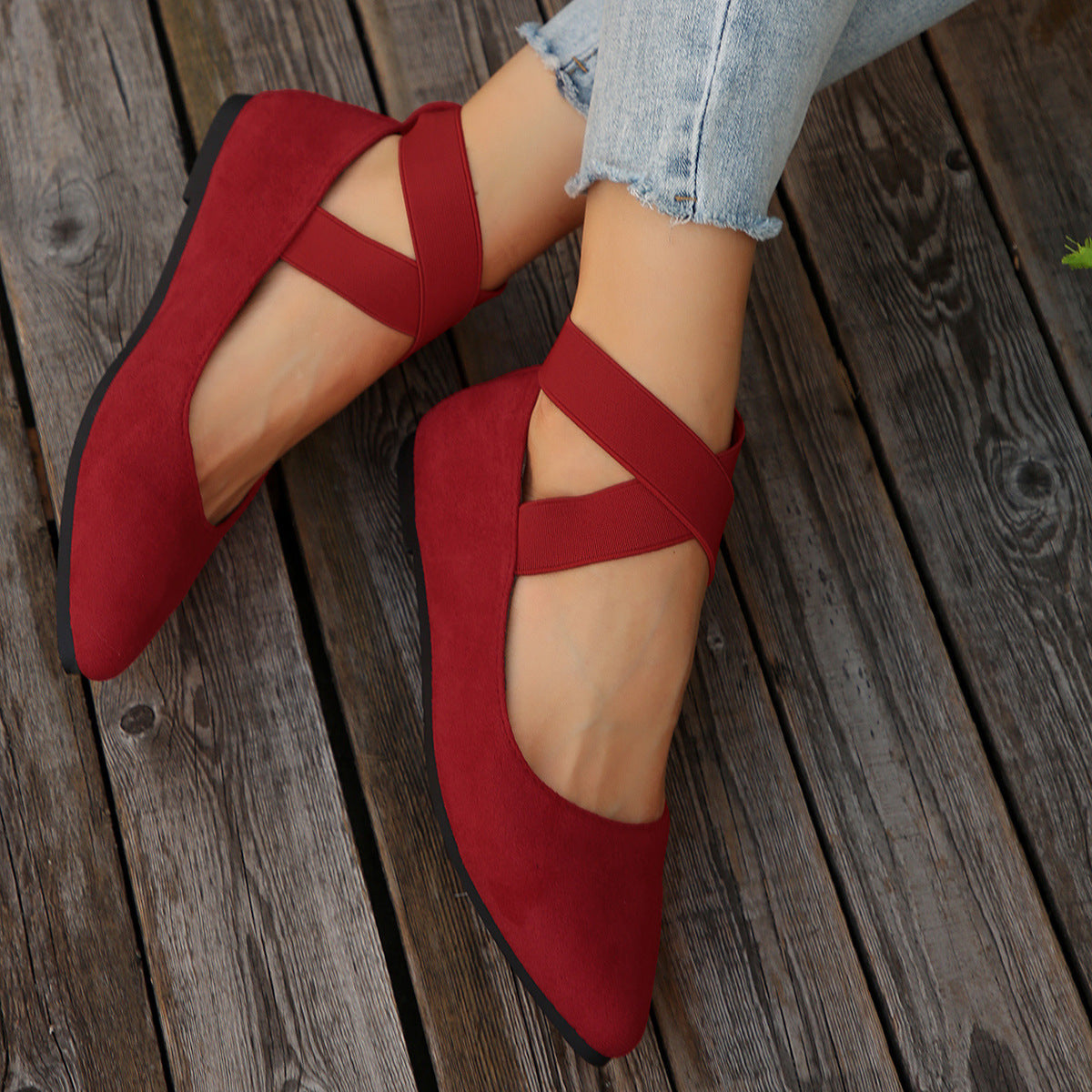 Damen Ballerina-Schuhe mit elastischen Kreuzbändern und rutschfester Sohle R&B