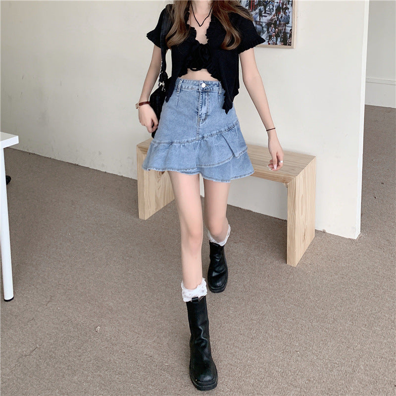 Damen Jeansrock mit voluminösem Rüschensaum und knopfbarem Bund R&B