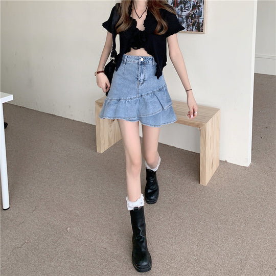 Damen Jeansrock mit voluminösem Rüschensaum und knopfbarem Bund R&B