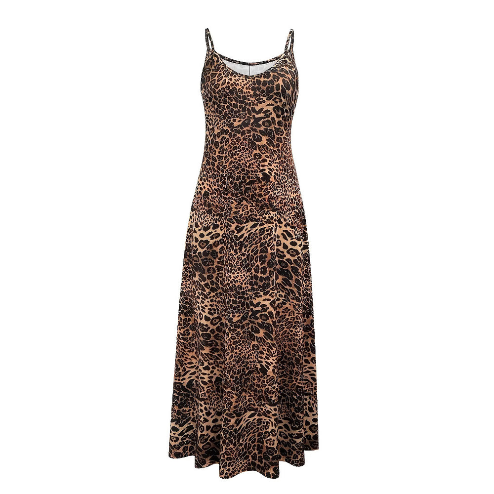 Damen Maxikleid mit Spaghetti-Trägern und asymmetrischem Tiermuster R&B