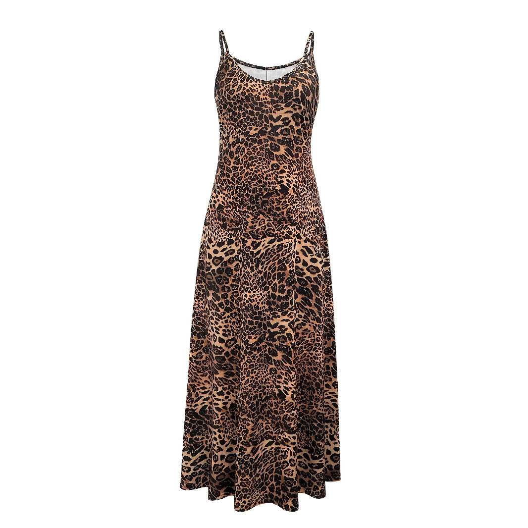 Damen Maxikleid mit Spaghetti-Trägern und asymmetrischem Tiermuster R&B