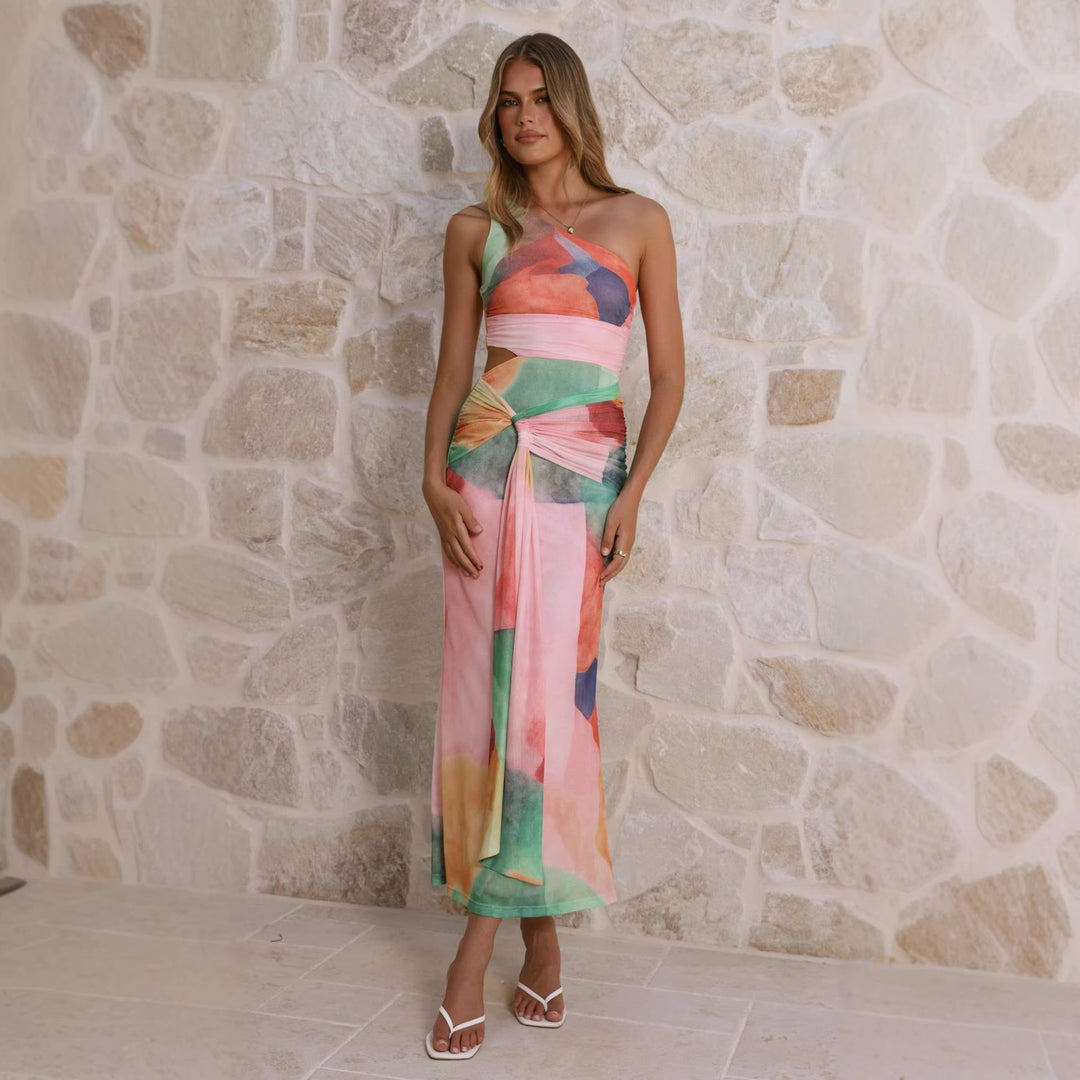 Damen Wickel-Maxikleid mit asymmetrischem Träger und floralen Akzenten R&B
