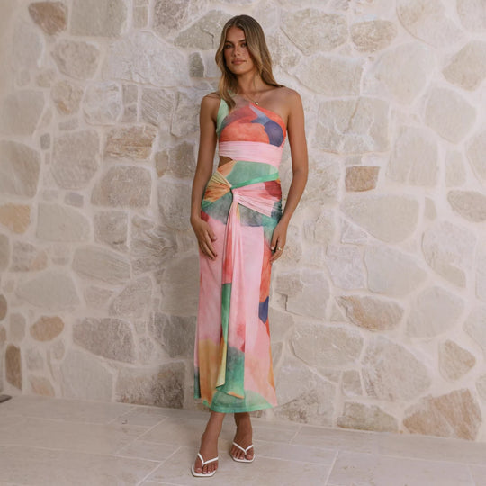 Damen Wickel-Maxikleid mit asymmetrischem Träger und floralen Akzenten R&B