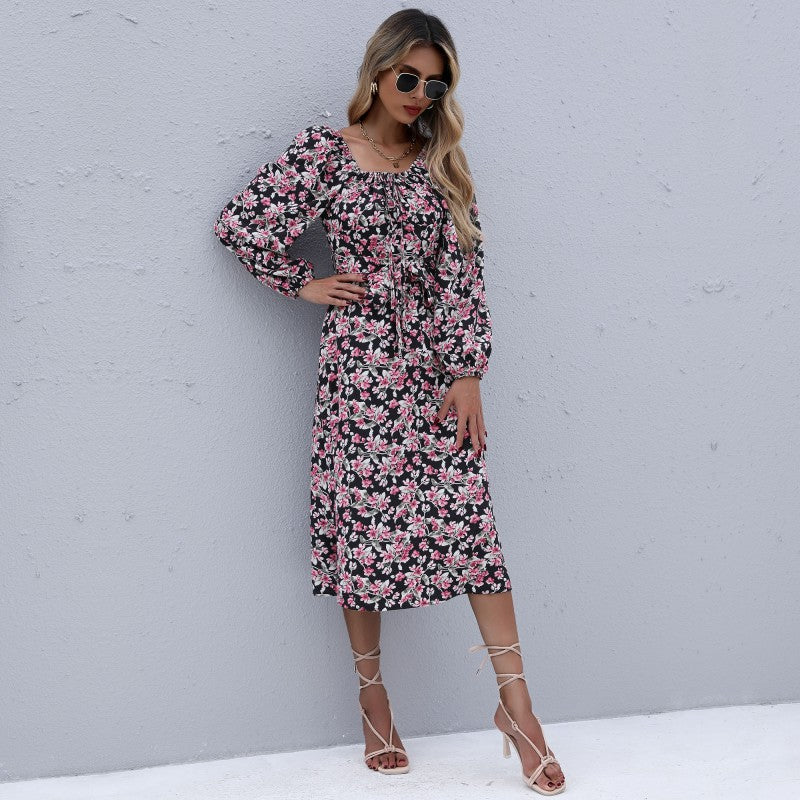 Damen Maxikleid mit floralen Raffungen und schmalem Taillengürtel R&B