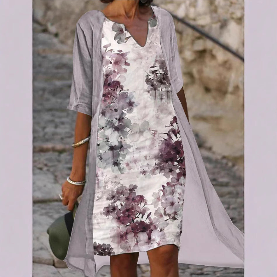 Damen Freizeitkleid mit floralem Design und tiefem V-Ausschnitt R&B