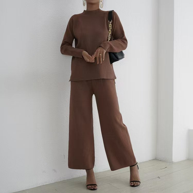 Damen elegantes und lässiges Strick-Loungewear-Set mit hohem Kragen und weiten Beinen R&B