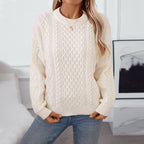 Damen Grobstrickpullover mit raffiniertem Zopfmuster und Rundhalsausschnitt