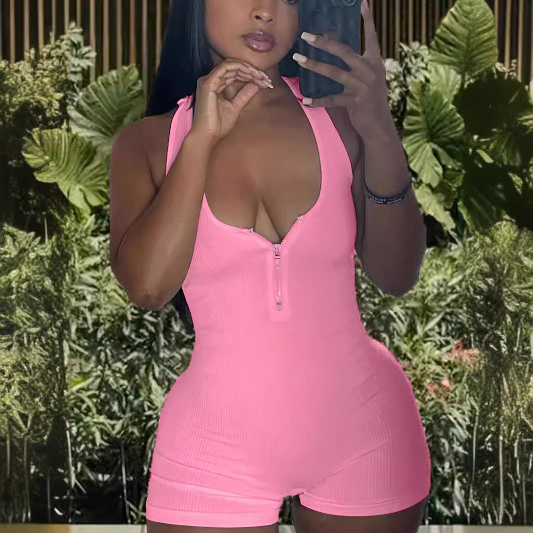 Damen Jumpsuit mit tiefem V-Ausschnitt und Reißverschluss R&B