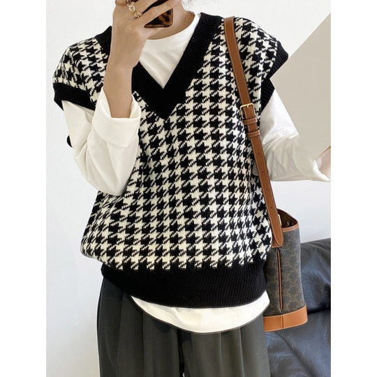 Damen modische Strickweste mit graphischem Hahnentrittmuster R&B