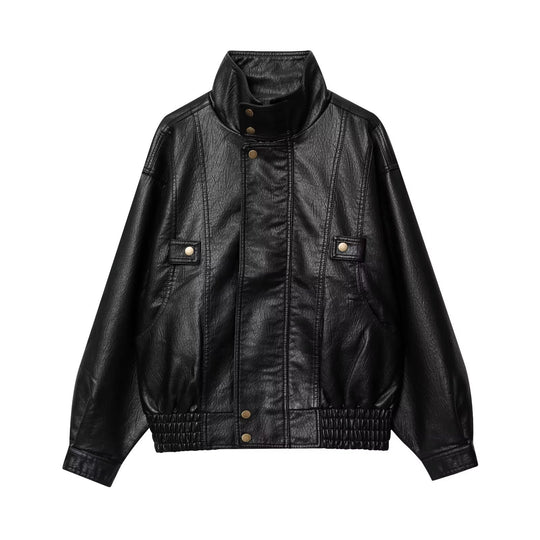 Damen lässige Kunstlederjacke mit hohem Kragen und Weitenregulierung R&B
