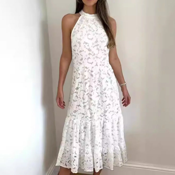 Damen Midikleid mit floralen Spitzenapplikationen und weichem Rock R&B