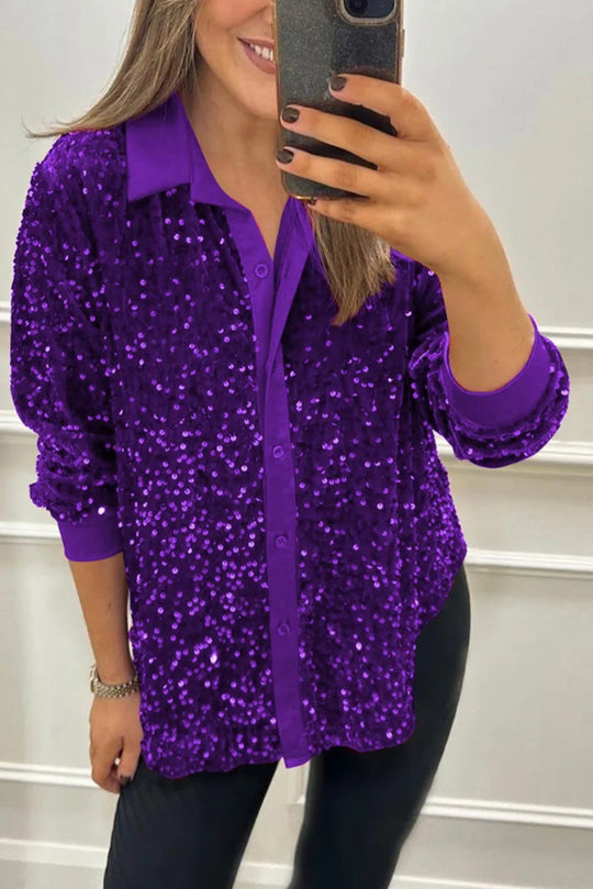Damen nan glitzernde Pailletten-Hemdbluse mit Kragen, Knopfleiste und elastischen Manschetten R&B