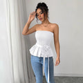 Damen nan figurbetontes trägerloses Smok-Oberteil mit Volant-Peplum und dekorativer Stoffblume R&B