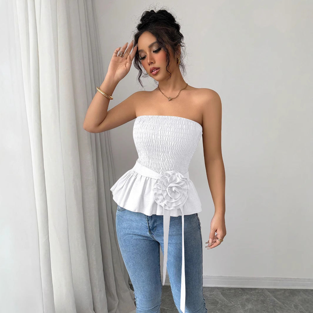 Damen nan figurbetontes trägerloses Smok-Oberteil mit Volant-Peplum und dekorativer Stoffblume R&B