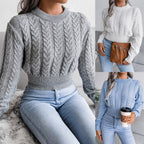 Damen Strickpullover mit modernem Zopfmuster und elastischem Bund