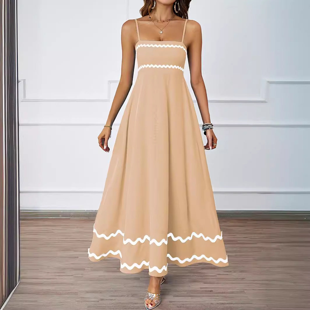 Damen Lange Maxi-Kleid mit Spaghetti-Trägern und dekorativem Saum R&B