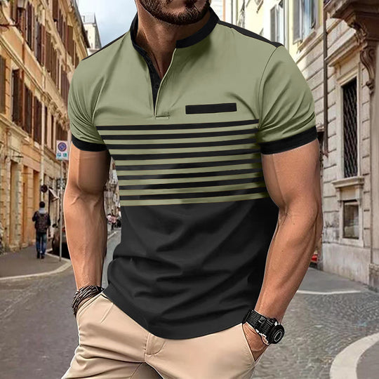 Herren nan kurzärmeliges Henley-Oberteil mit kurzer Knopfleiste, Brustpaspel und Blockstreifen R&B