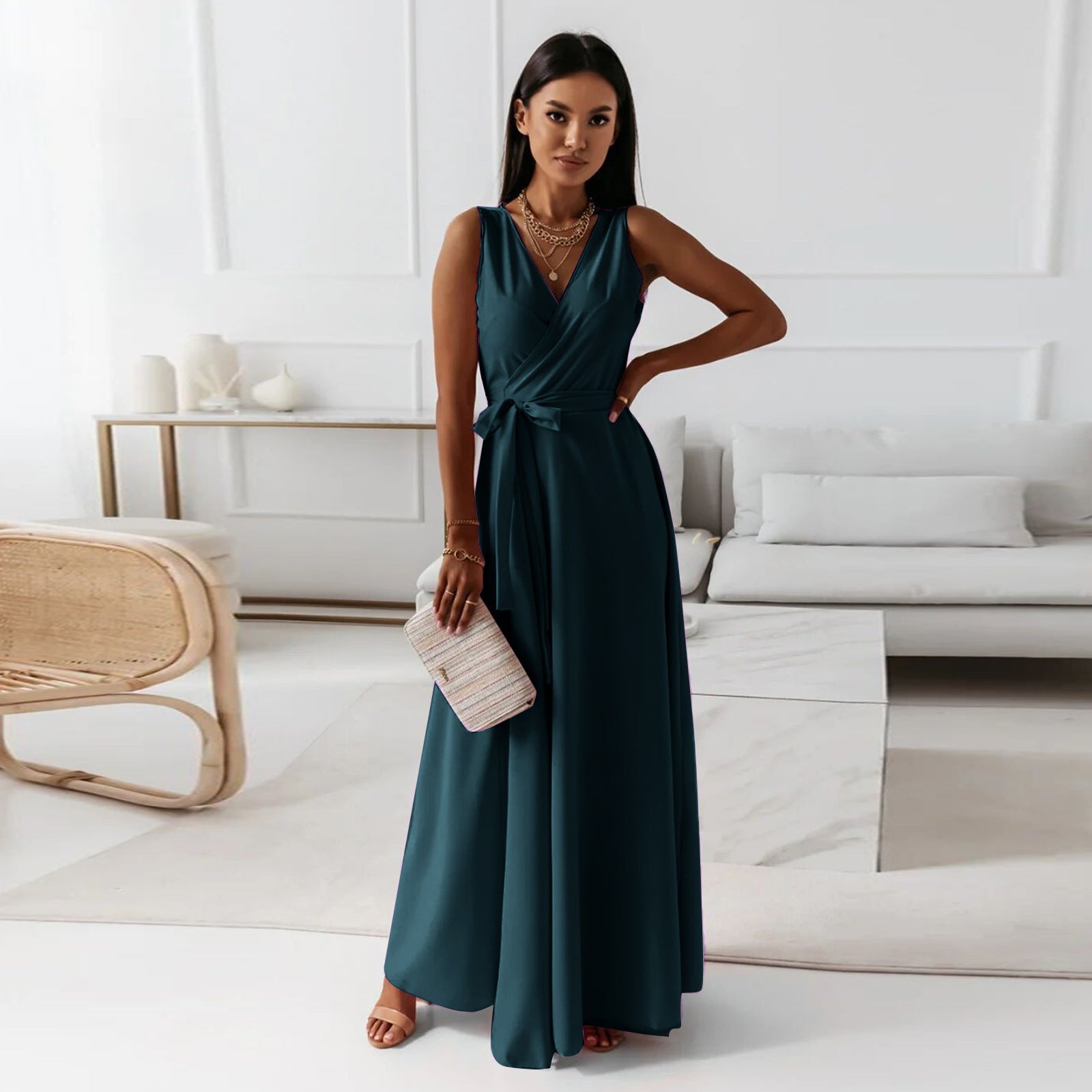 Damen elegantes Wickelkleid mit Taillengürtel R&B