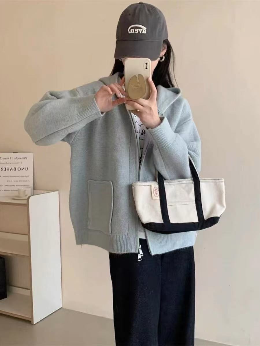 Damen Casual Oversized Strickjacke mit Kapuze und Taschen R&B