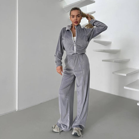 Damen sportlicher Fleece-Jogginganzug mit gestochenem Reißverschluss und weichem Innenfutter R&B
