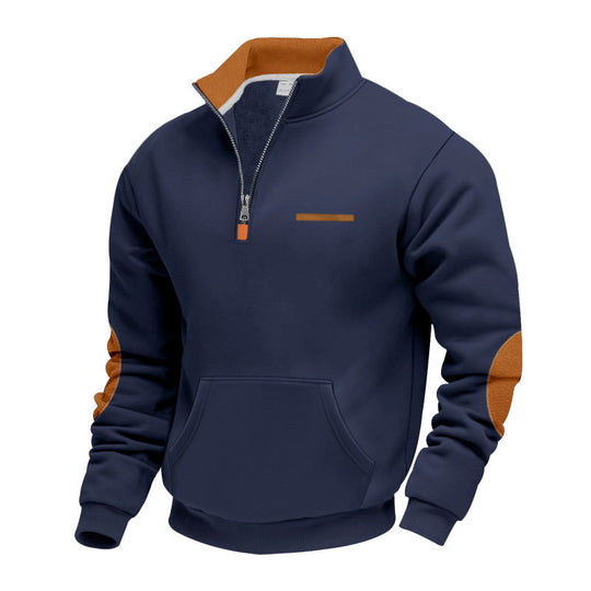 Herren nan Halbzip-Sweatpullover mit Stehkragen, Kängurutasche und Ellenbogenbesatz R&B