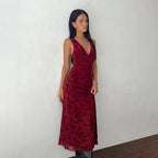 Damen Maxikleid mit tiefem V-Ausschnitt und floralem Spitzenmuster R&B