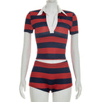 Damen Sportliches Streifen-Oberteil und Shorts-Set R&B