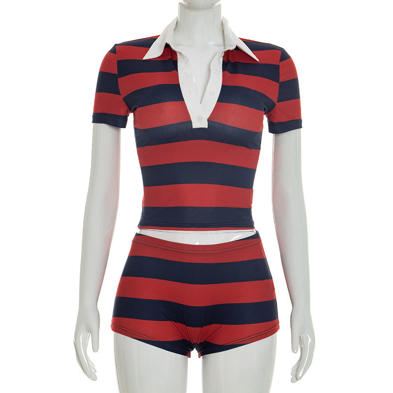 Damen Sportliches Streifen-Oberteil und Shorts-Set R&B