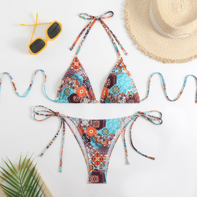 Damen Triangel-Bikini mit floralem Muster und verspieltem Bindeband R&B