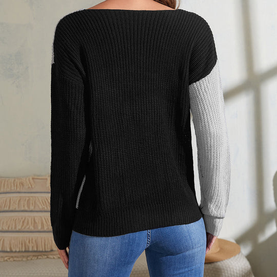 Damen lässiger Pullover mit asymmetrischem Farbspiel und V-Ausschnitt R&B