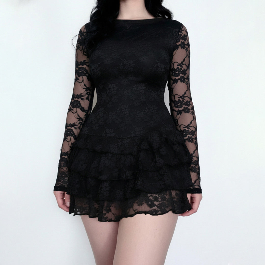 Damen Spitzenkleid mit voluminösen Rüschendetails und langem Arm R&B