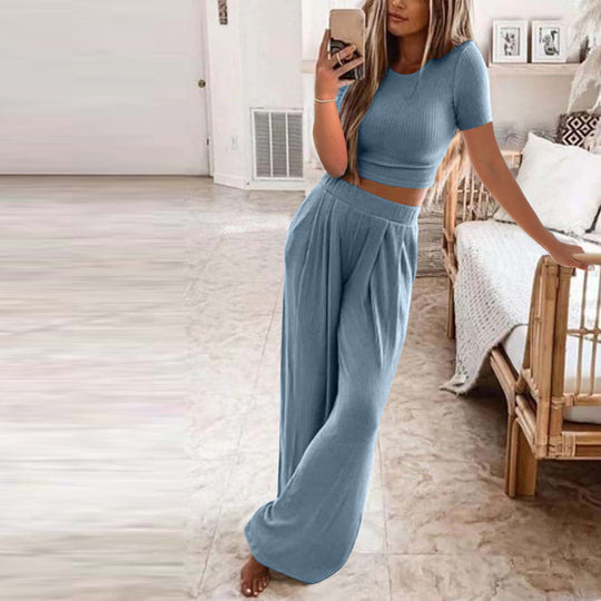 Damen Set aus kurzer Strickoberteile und weiten Hosen R&B