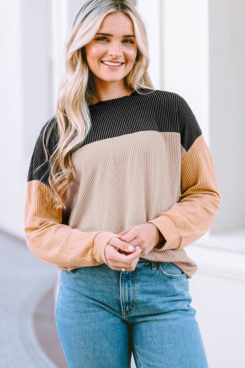 Damen lässiger Pullover mit Rippstruktur und Farbblöcken R&B