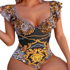 Damen Einteiler Badeanzug mit zarten Rüschendetails und luxuriösem Leo-Design