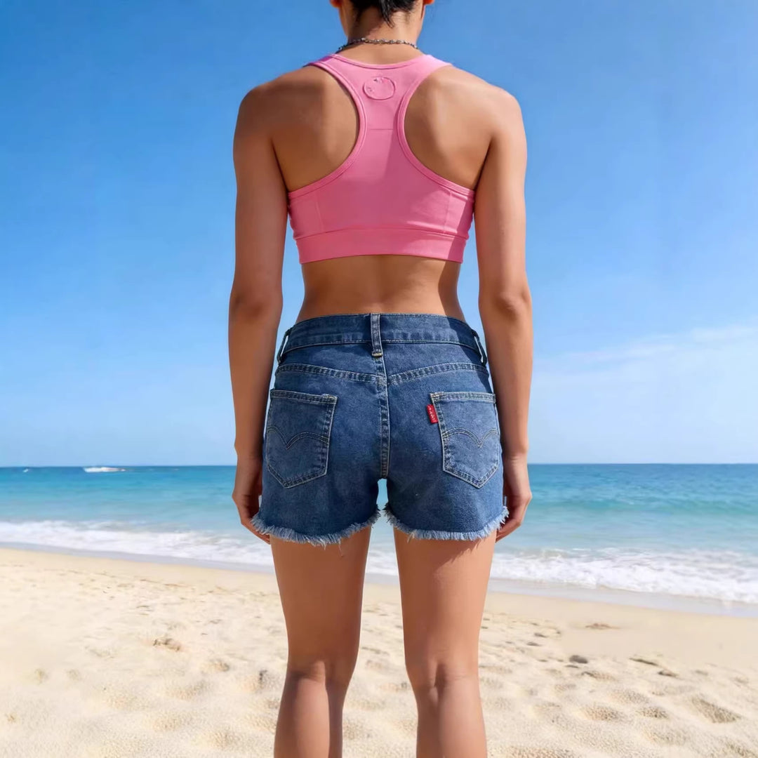 Damen lässige Jeansshorts mit ausgefranster Saumkante und hohem Bund R&B