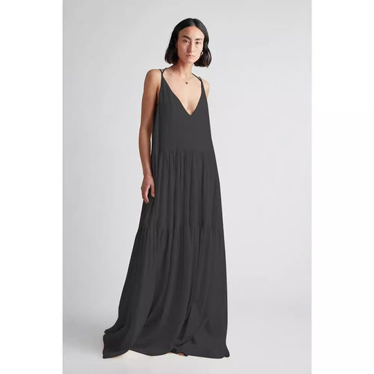 Damen Maxikleid mit tiefem V-Ausschnitt und voluminösem Rock R&B