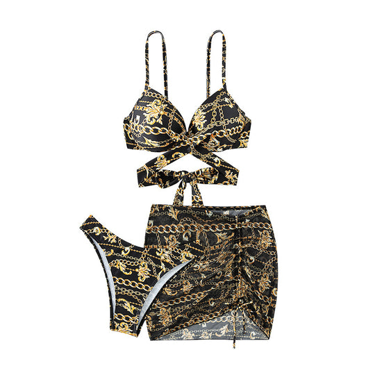 Damen Bikini mit ausgefallenem Kettenmuster und integriertem Rock R&B