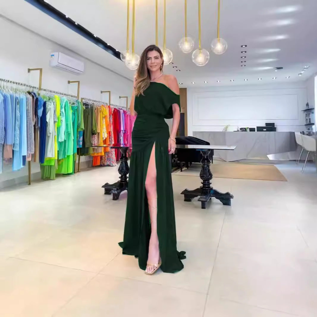 Damen Asymmetrisches Maxikleid mit Schlitz und Schulterfreiem Design