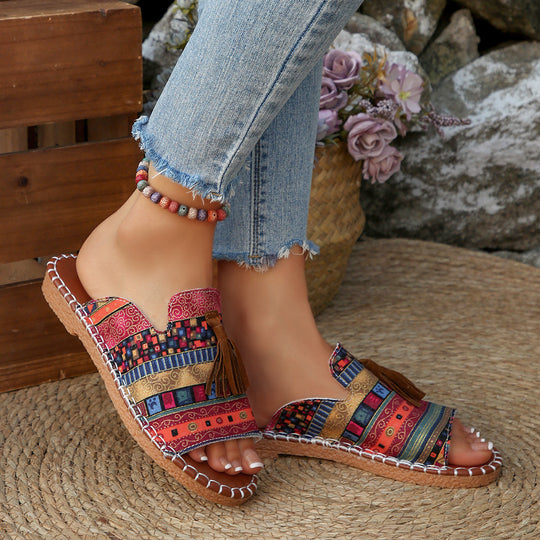 Damen Lifestyle Pantoletten mit verspieltem Tassel-Design und buntem Webmuster R&B