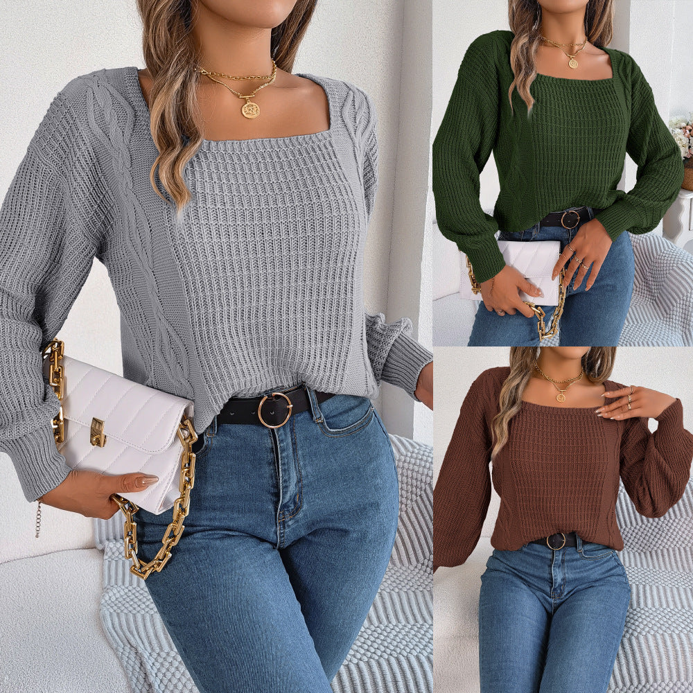 Damen Grobstrickpullover mit quadratischem Ausschnitt und voluminösen Ärmeln R&B