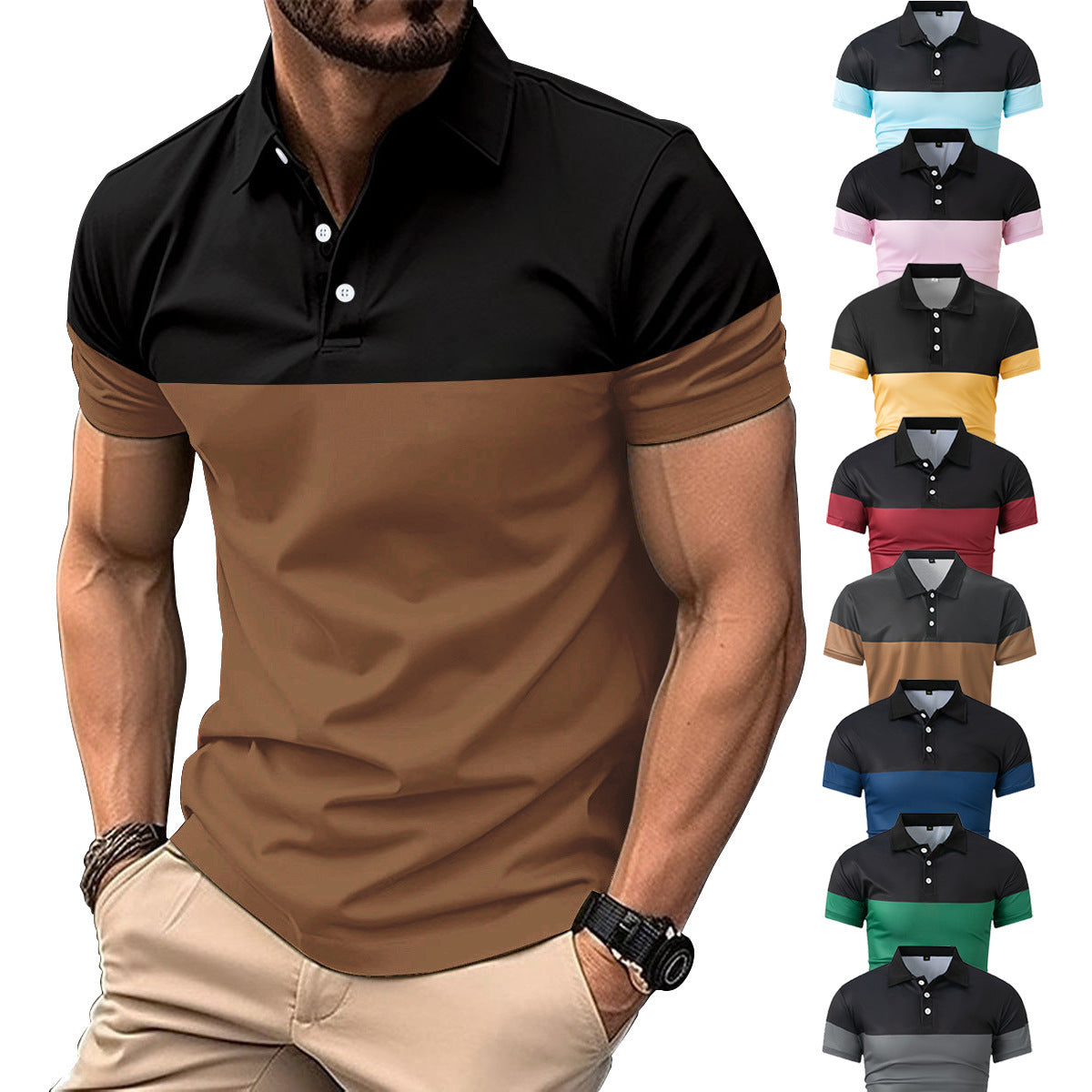 Herren Kurzarm-Polohemd mit kontrastierenden Farbblöcken und modernem Schnitt R&B