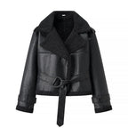 Damen Kunstlederjacke mit Teddy-Futter und taillierbarem Gürtel R&B