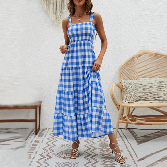 Damen Boho-Langkleid mit luftigen Rüschendetails und schmalen Spaghettiträgern R&B