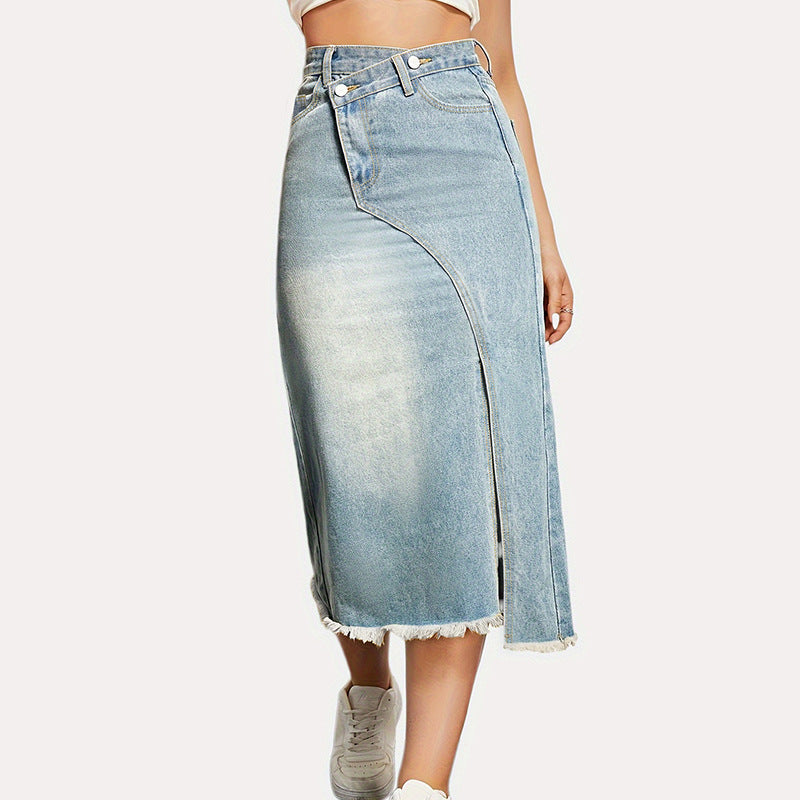 Damen Jeansrock mit seitlichem Schlitz und fransigem Saum R&B