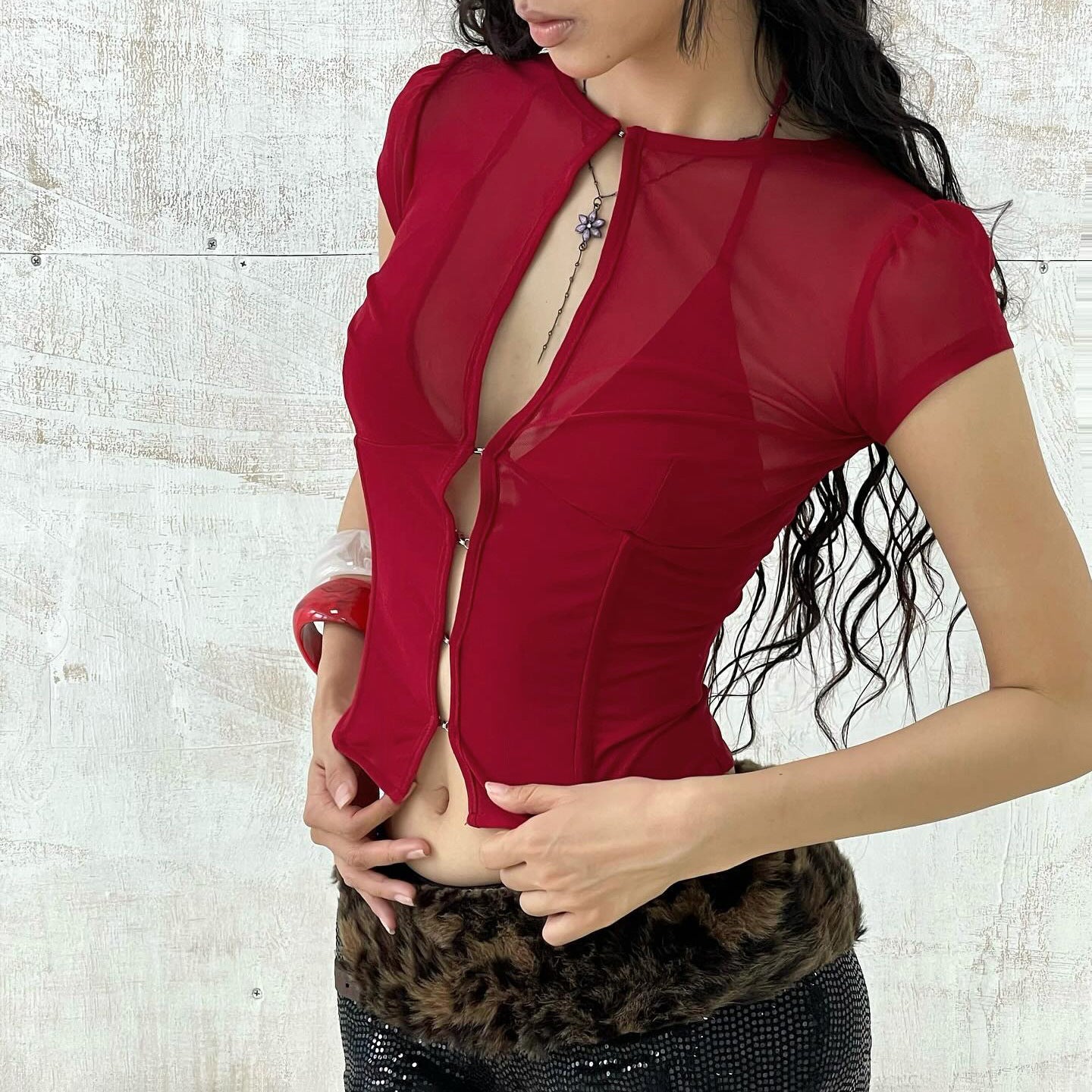 Damen Mesh-Oberteil mit dekorativem BindR&Band R&B